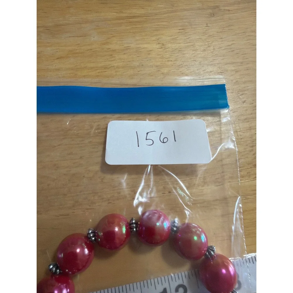 Red Iridescent Bead Stretch Bracelet Silver Tone Spacer Faux Pearl